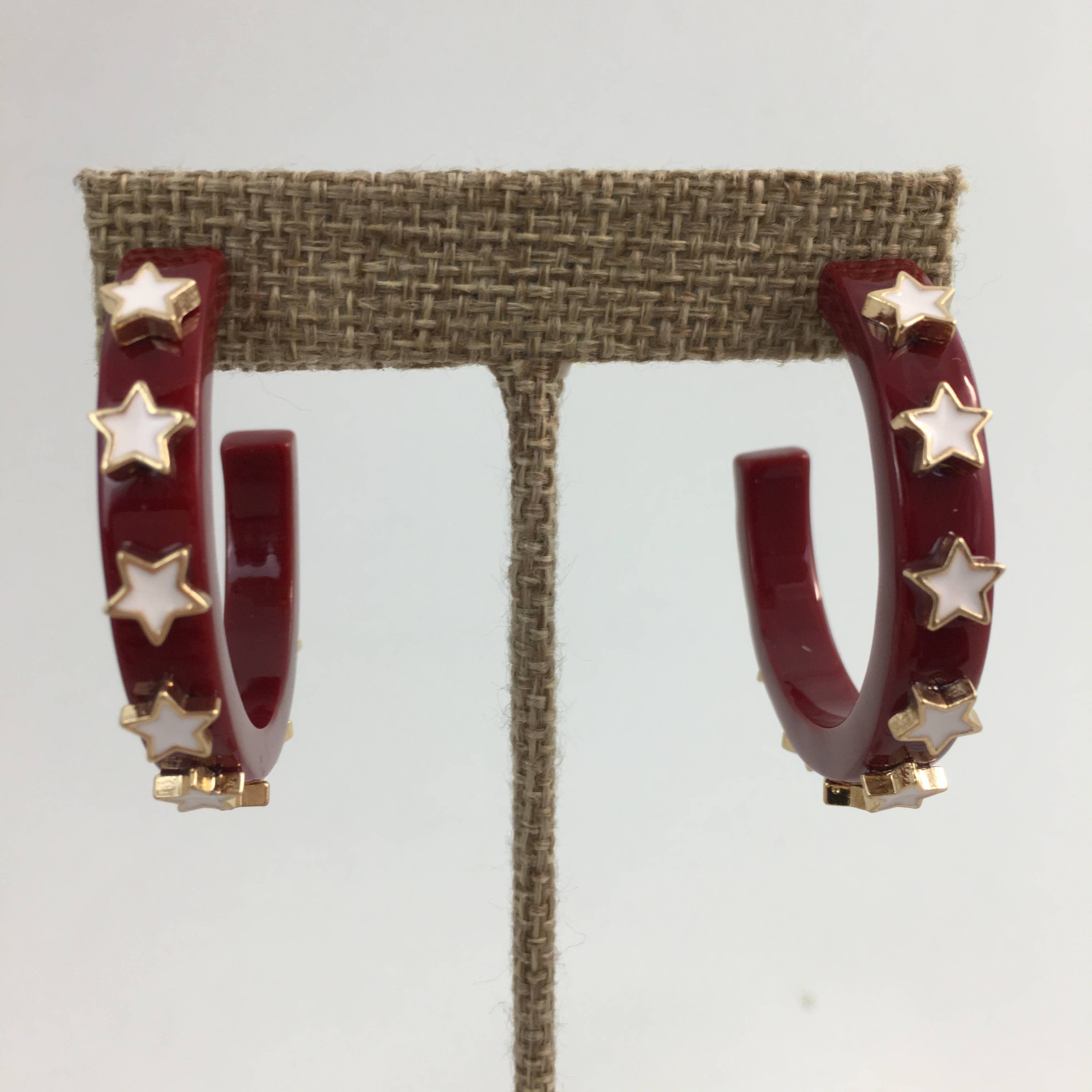 Burgundy and white star hoop earrings