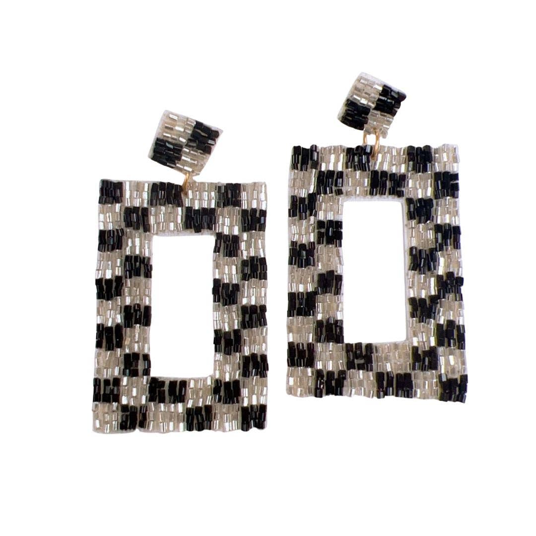 Silver and Black Checkered Earrings
