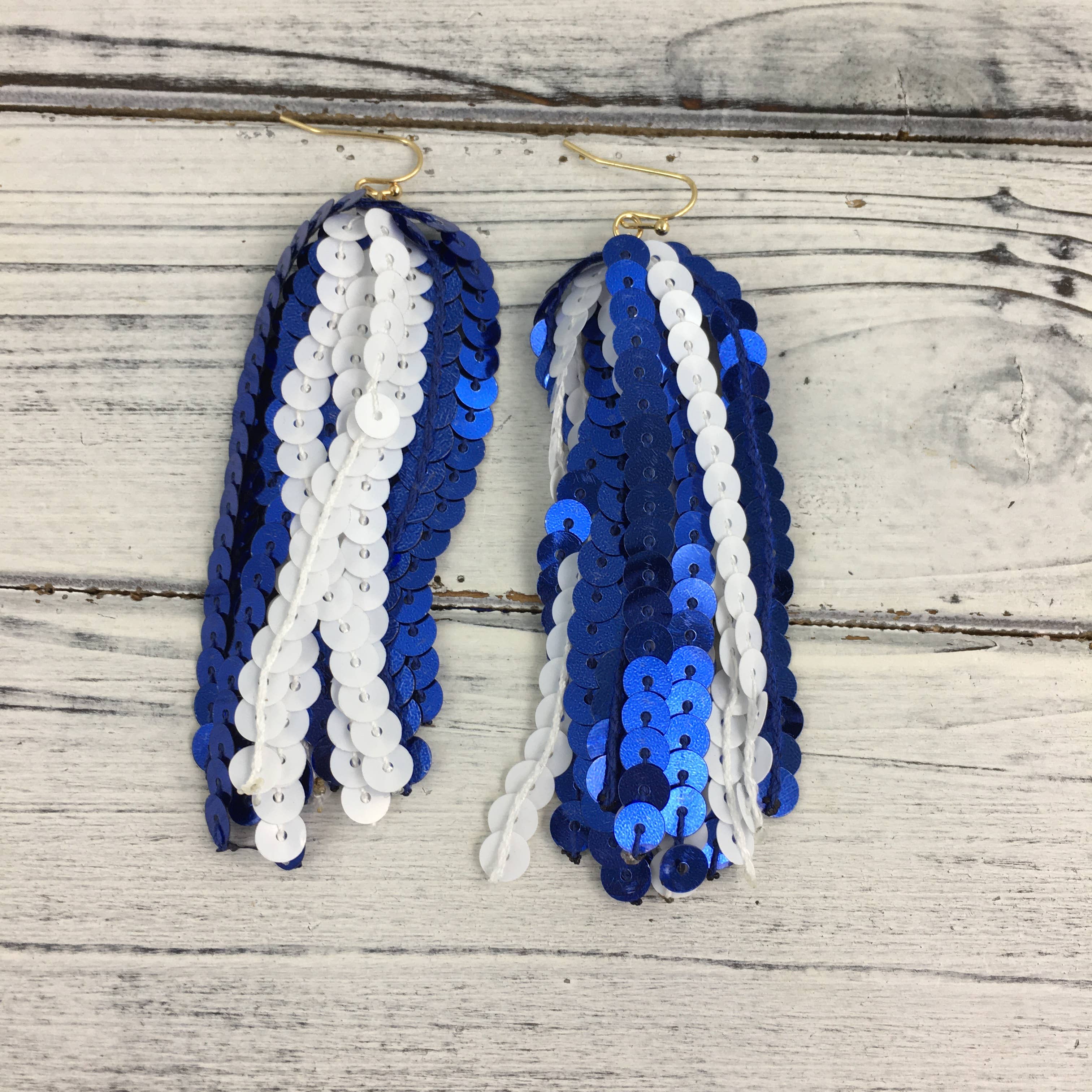 Blue and white sequin tassel earrings